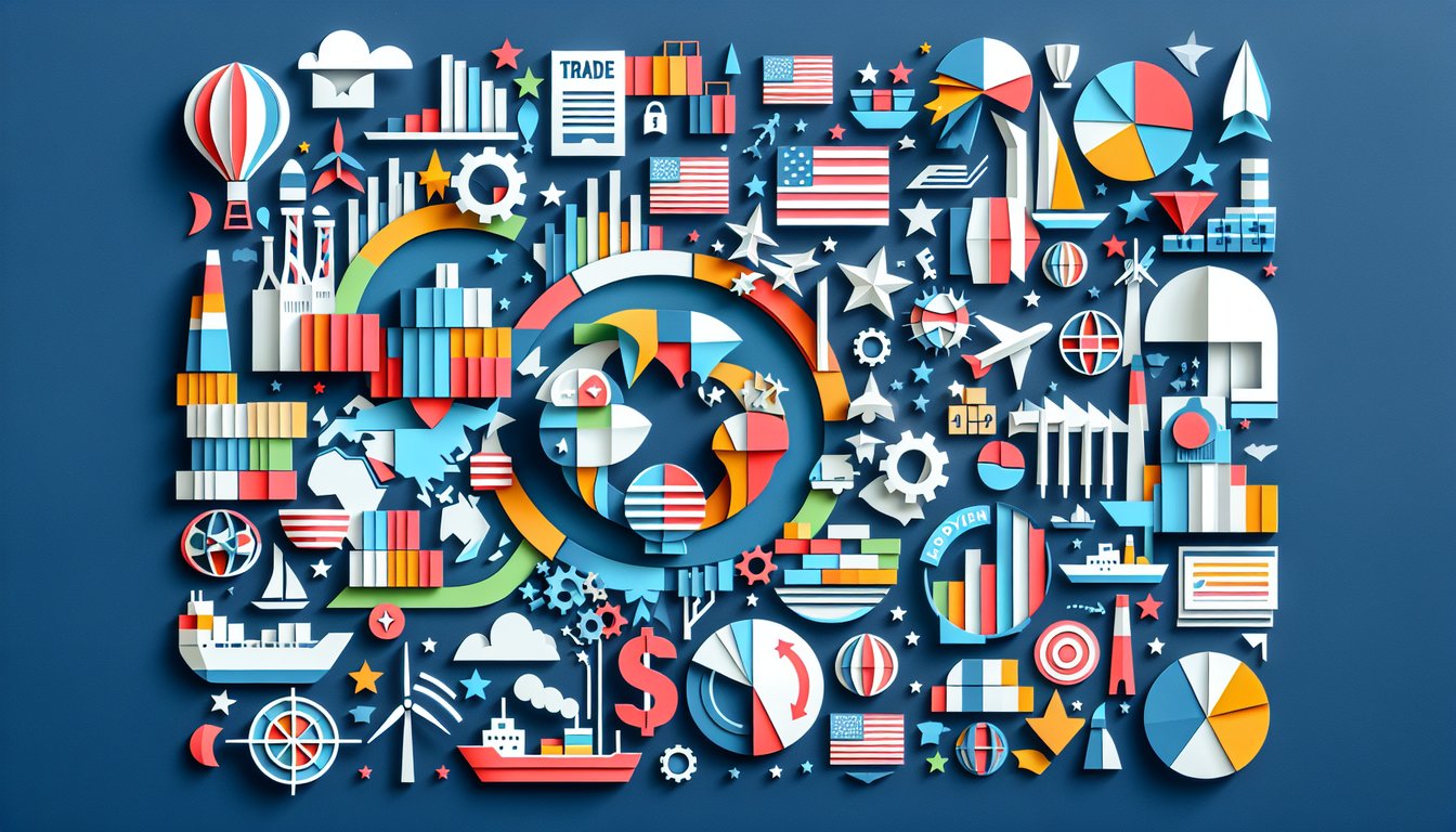 Colorful paper art depicting elements related to US Trade and Jobs Policy Quiz