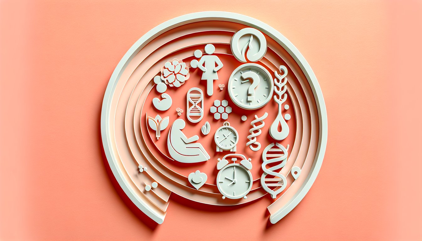 Paper art of woman silhouette with calendar and pregnancy test icons on coral background for quiz on menopause or pregnancy
