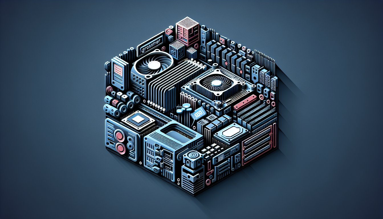 Paper art illustration with CPU motherboard RAM graphics card power supply floating on dark blue background.