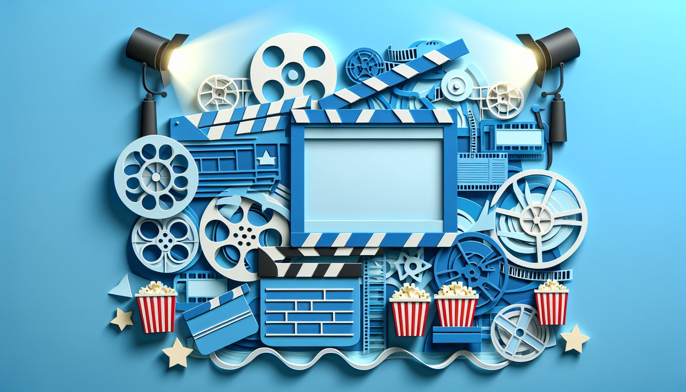 Paper art style film reel, microphone, star shapes and cast headshots on sky blue background for Sparkle 2012 trivia quiz