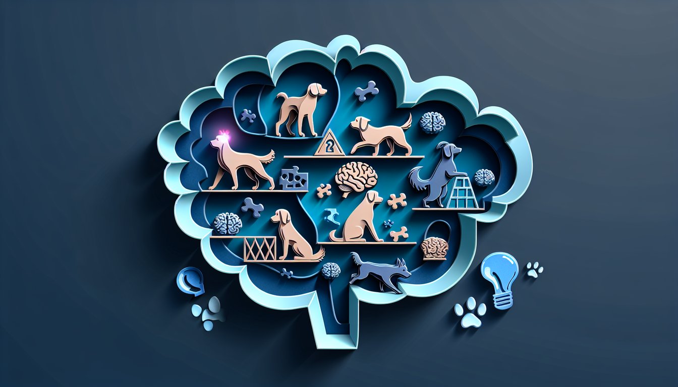 Paper art illustration for dog dementia quiz on dark blue background