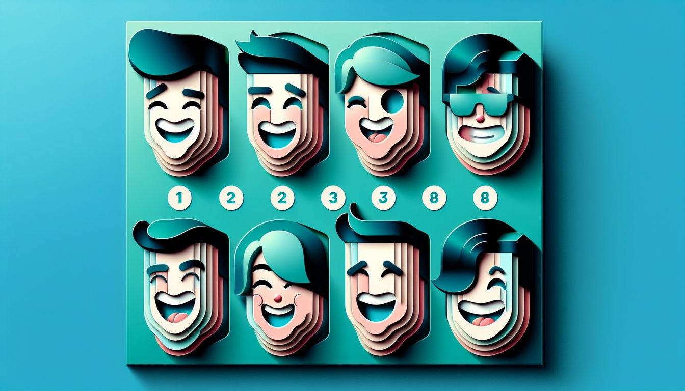 Paper art illustration of Roblox laugh face and cool grin for free face quiz on teal background