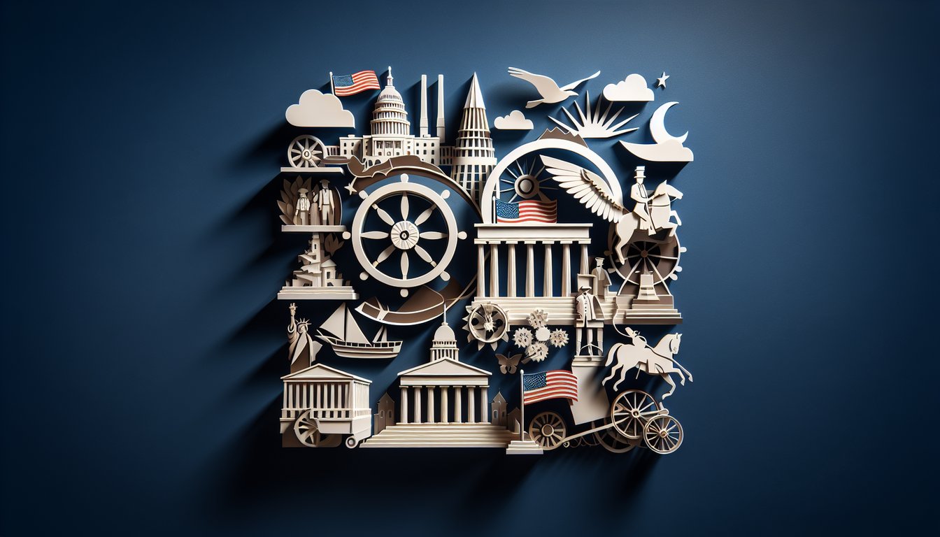 Layered paper art of US history symbols liberty bell eagle scroll stars for history trivia quiz on dark blue background