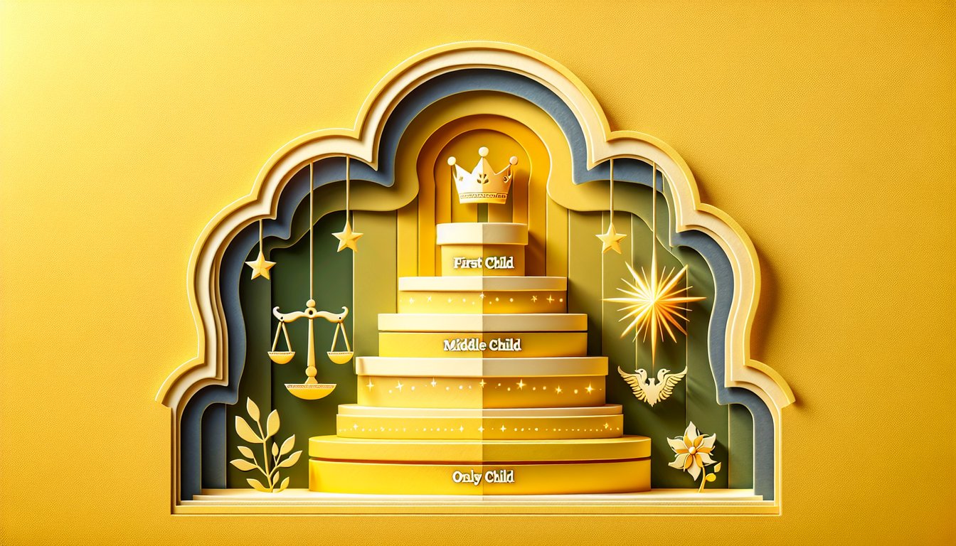 Paper art illustration for birth order quiz on golden yellow background
