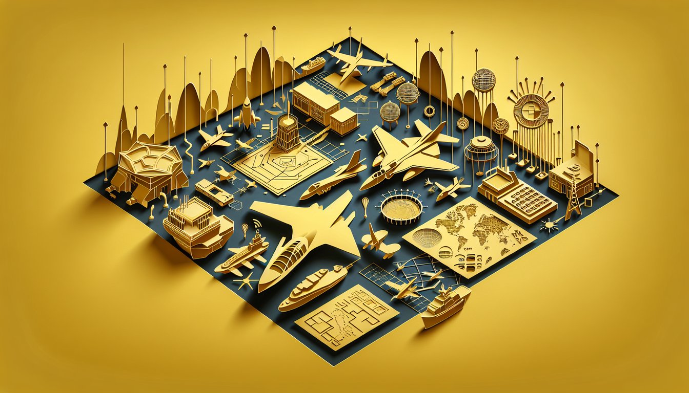 Paper art illustration for air force site planning igesp development wartime deployment quiz on golden yellow background