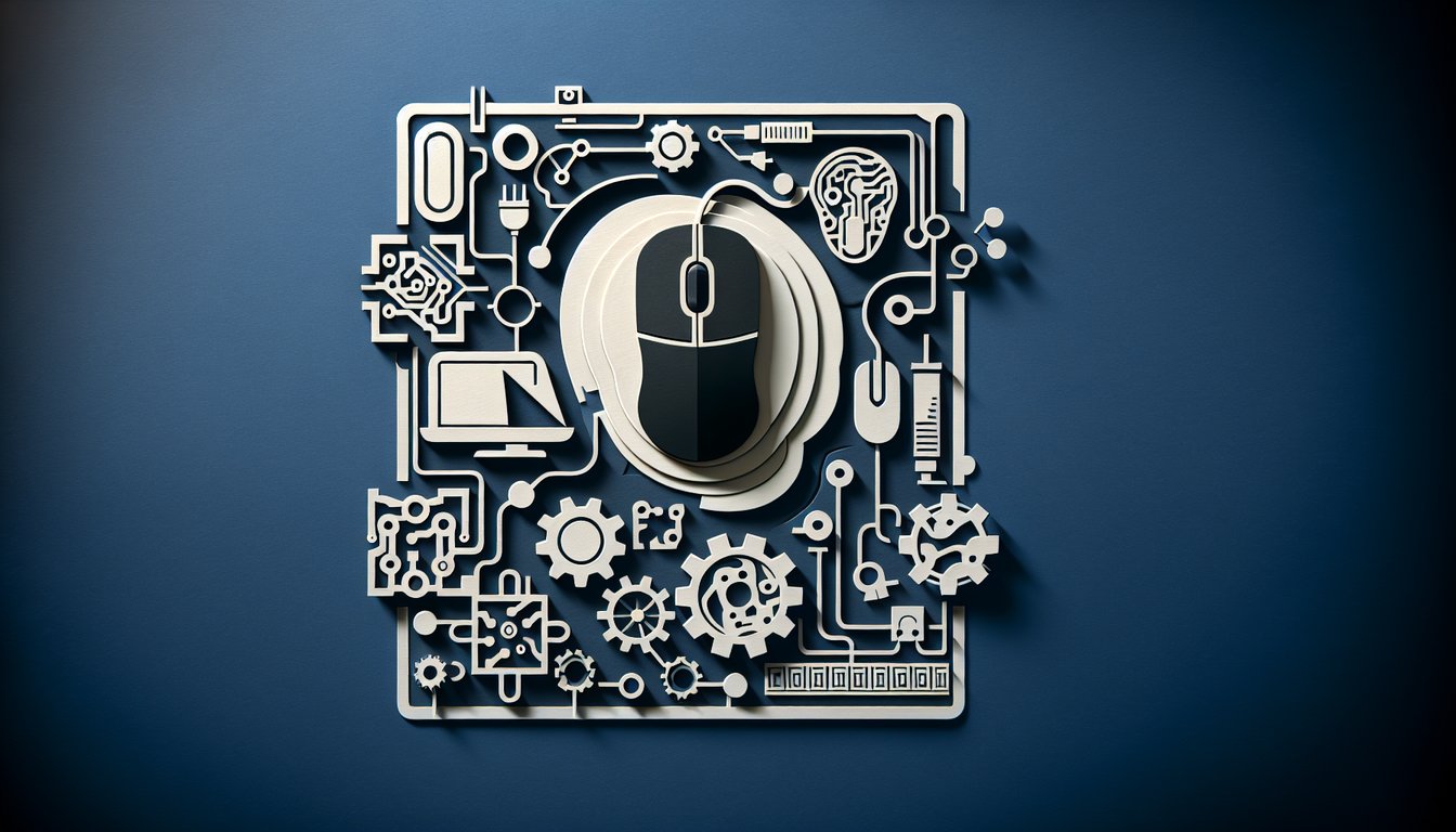 Paper art style layered computer mouse on dark blue background with playful tech trivia quiz theme about mouse invention