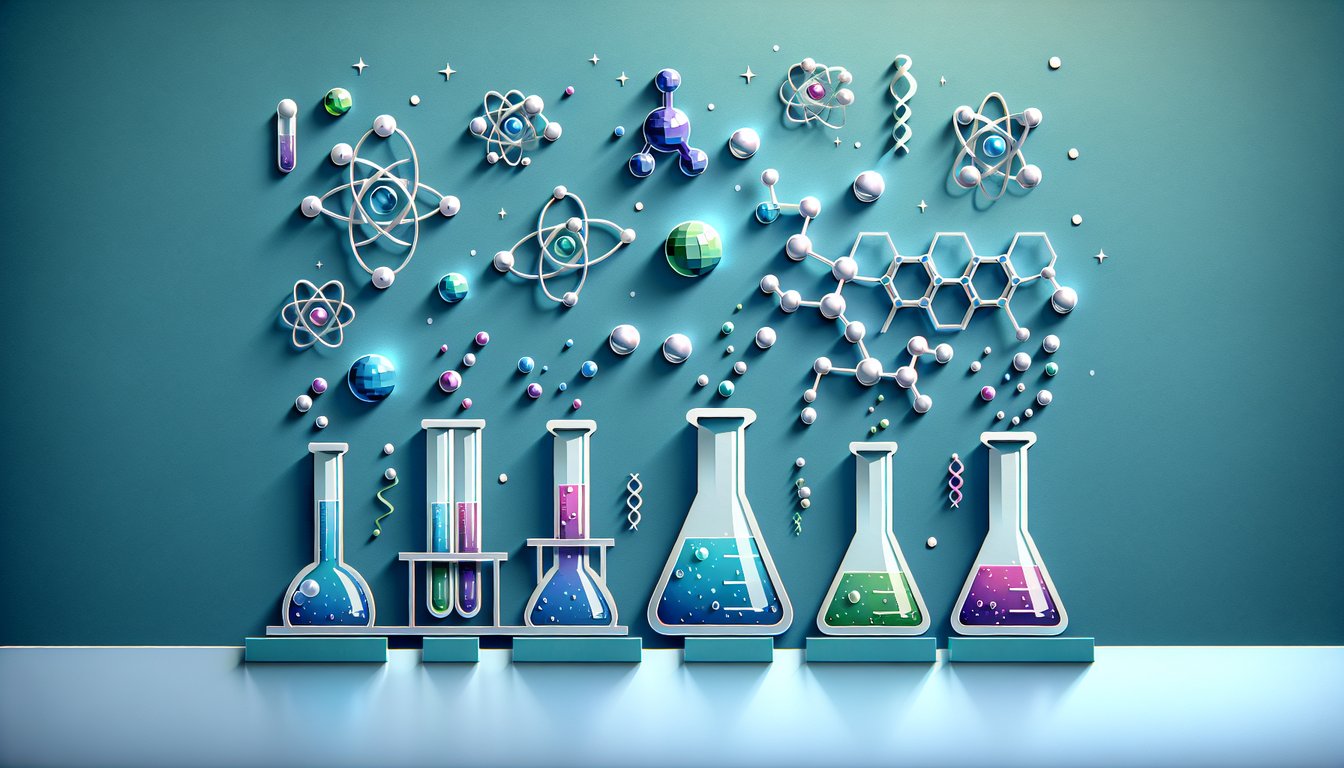 Paper art chemistry illustration with text Try our free 8th grade Abeka Chemistry Test 8 on teal background.