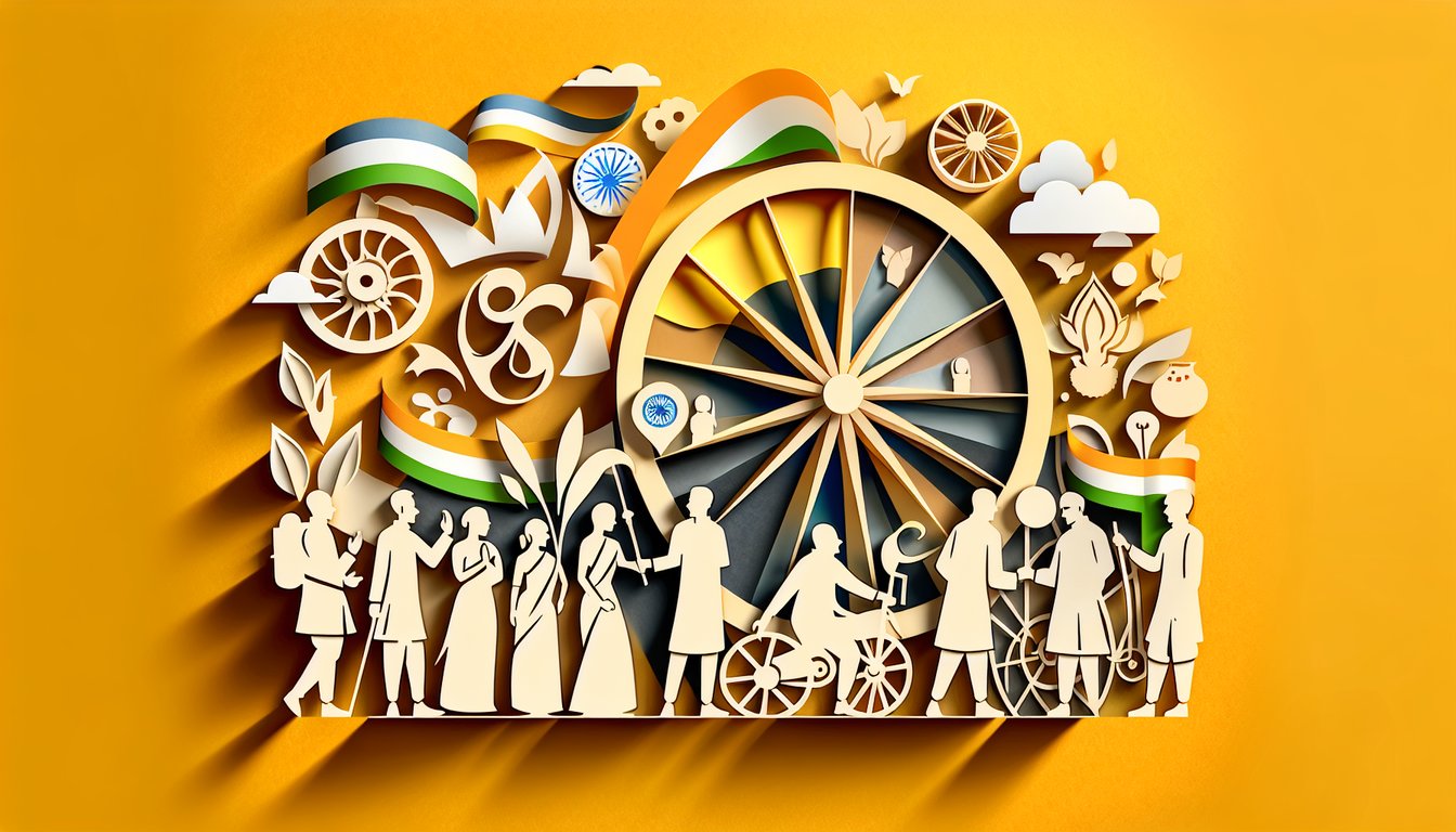 Paper art style illustration of Independence Day quiz with lotus, spinning wheel, Indian flag on golden yellow background