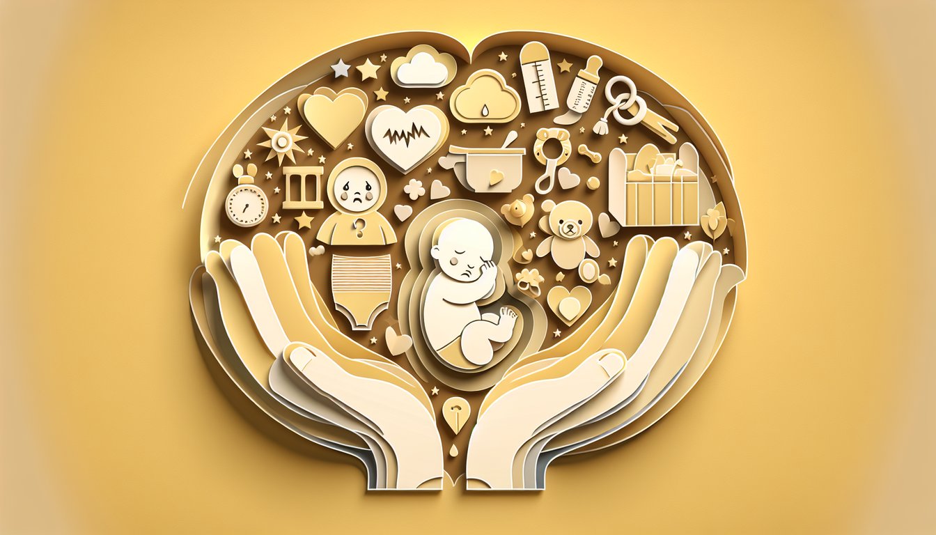 Paper art baby with question marks, icons on golden yellow background for infant crying triggers colic quiz
