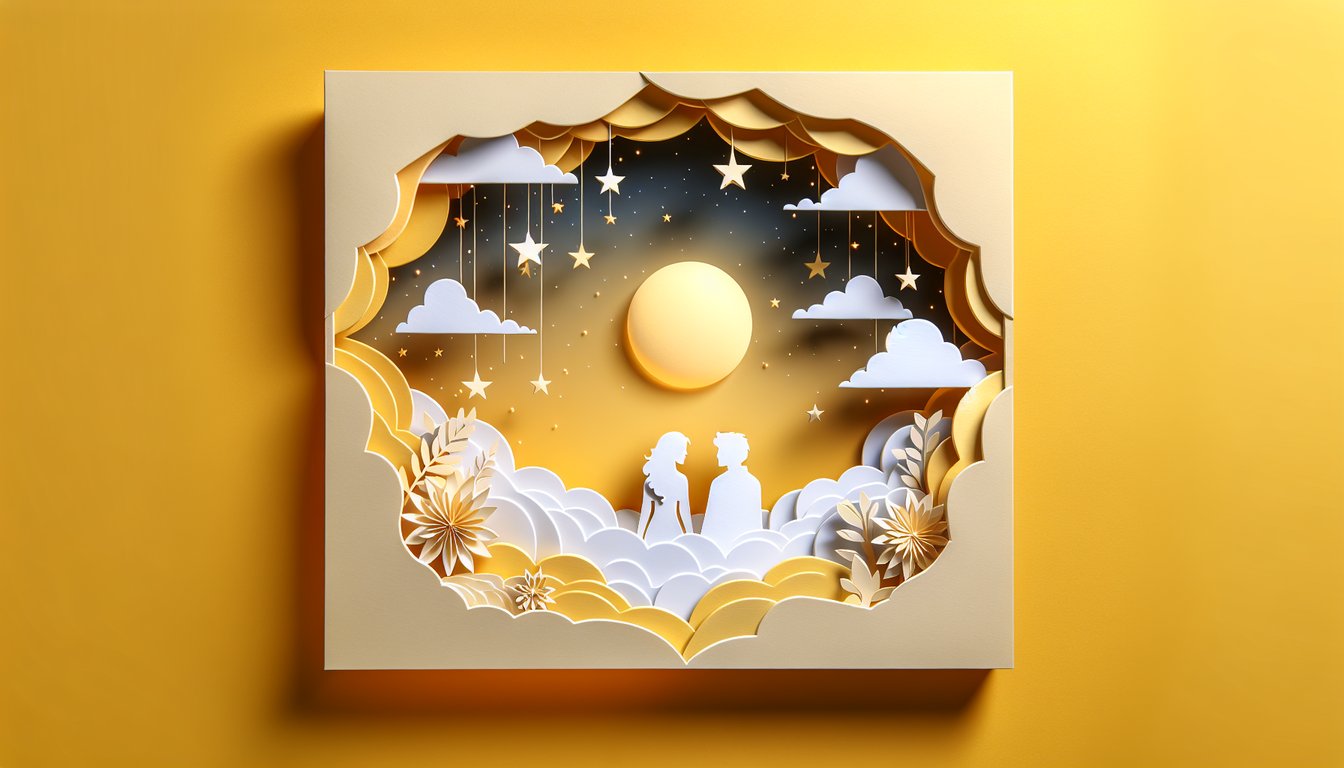 Paper art illustration for Celebrity Girlfriend Quiz on a golden yellow background