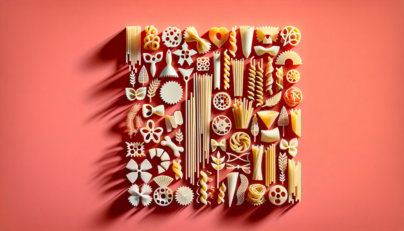 Paper art illustration of various pasta shapes surrounding quiz title What Pasta Am I on coral background