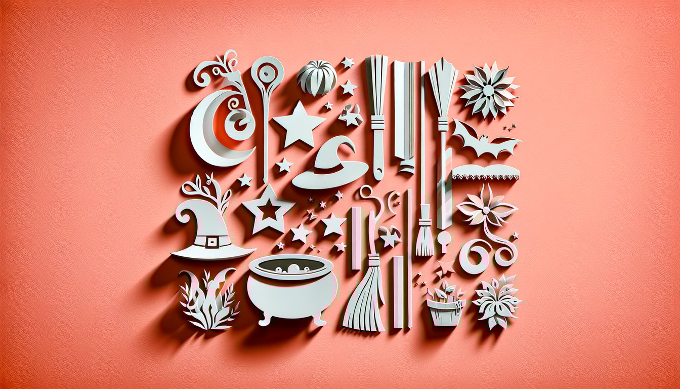 Paper art scene with witch hat wand wizard silhouette turtle on coral background for Discworld personality quiz.