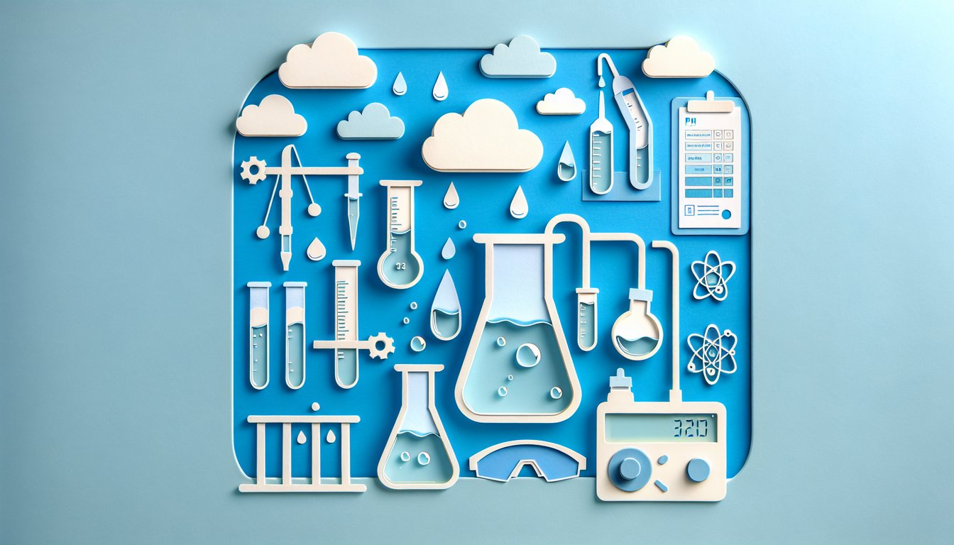 Paper art illustration of burette flask and pH indicator tubes on sky blue background for titration practice quiz.