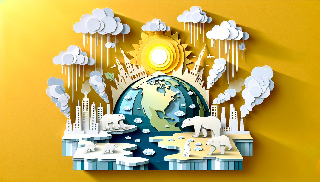 Paper art illustration for Atmosphere and Climate Change Quiz on golden yellow background