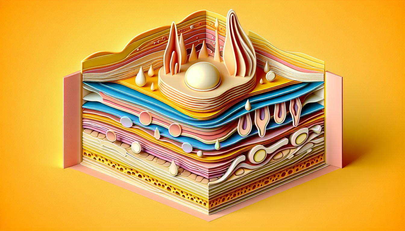 Paper art style skin layer cross section diagram on golden yellow background for skin layers labeling quiz