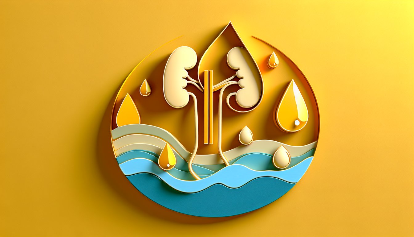 Paper art urinary quiz with kidneys bladder icons stethoscope test tubes BPH UTI on golden yellow background