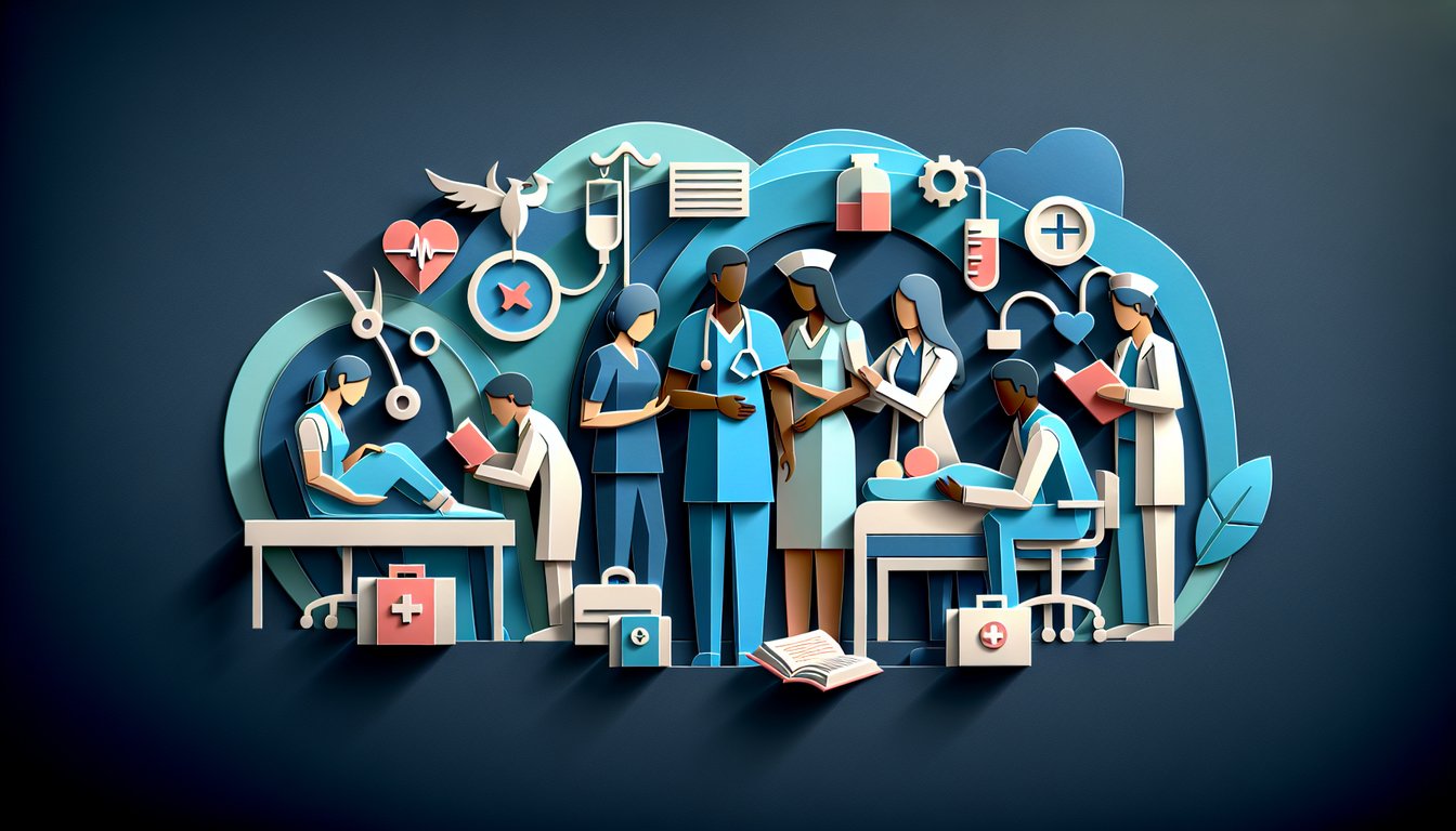 Paper art illustration for STNA practice test quiz on a dark blue background