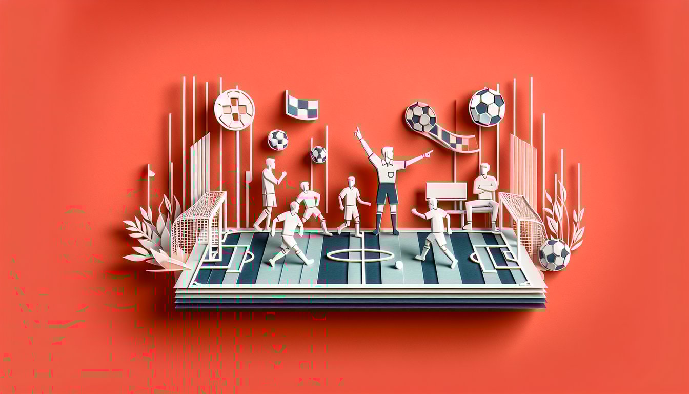paper art style referee quiz elements with whistle red card soccer ball clipboard pencil coral background