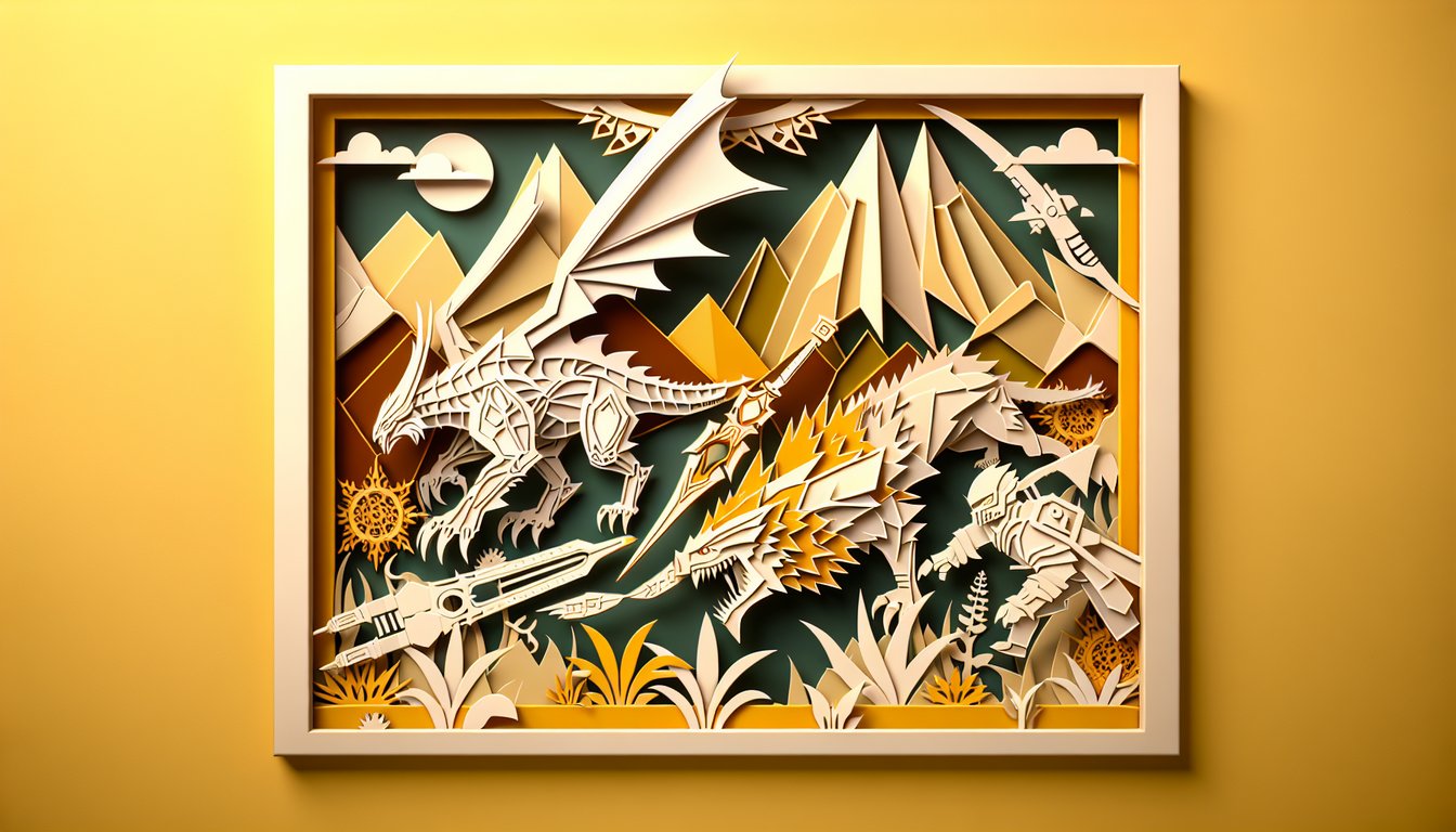 Paper art collage of hunter with sword and bow facing beast silhouette highlights weapons lore on golden yellow background.