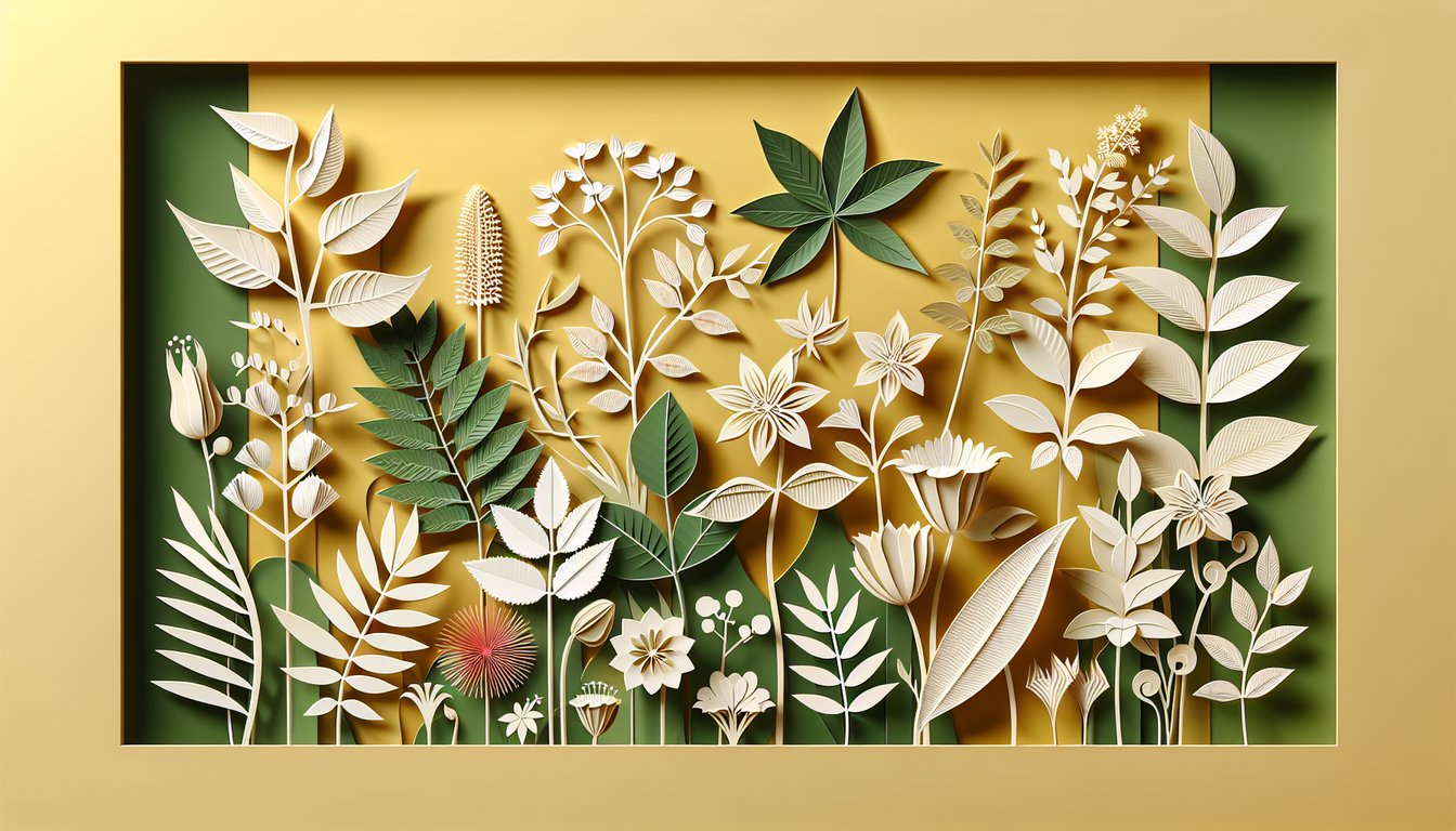 paper art illustration of green leaves and blooms on golden yellow background for plant identification quiz