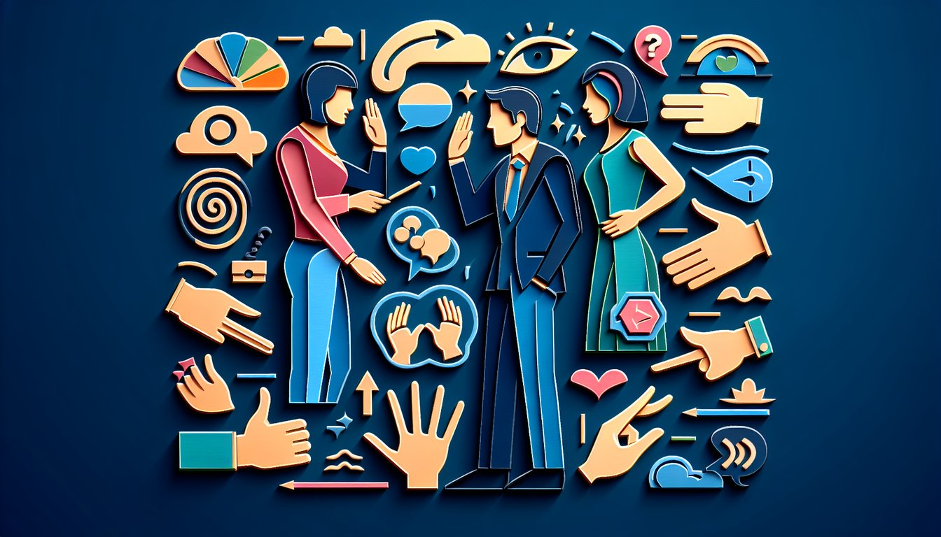Paper art style scene on dark blue background shows two people facing each other with hearts question marks chat bubbles
