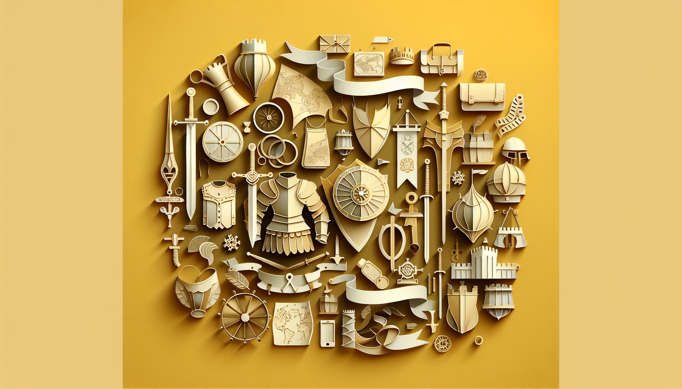 Paper art cutout illustration of soldiers, cannons and maps over quiz title on golden yellow background