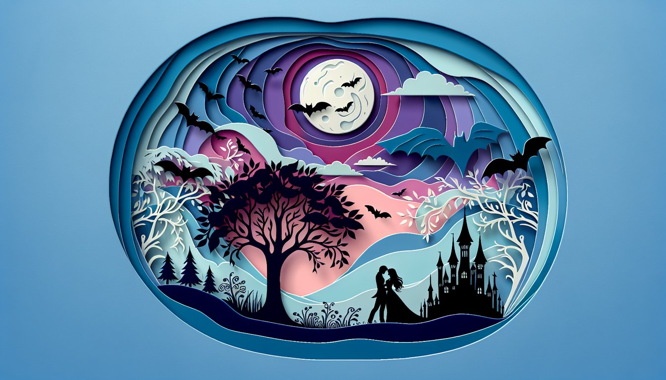 Paper art heart with vampire shadow on sky blue background promoting free Edward Cullen quiz for perfect Twilight match