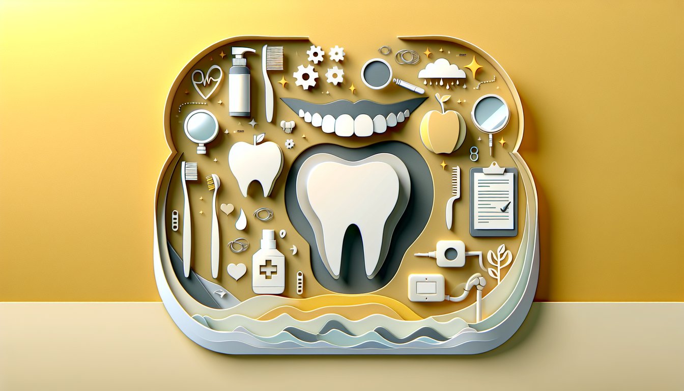 Paper art style mouth and tongue with symptom icons and risk factor symbols for oral cancer quiz on golden yellow background.
