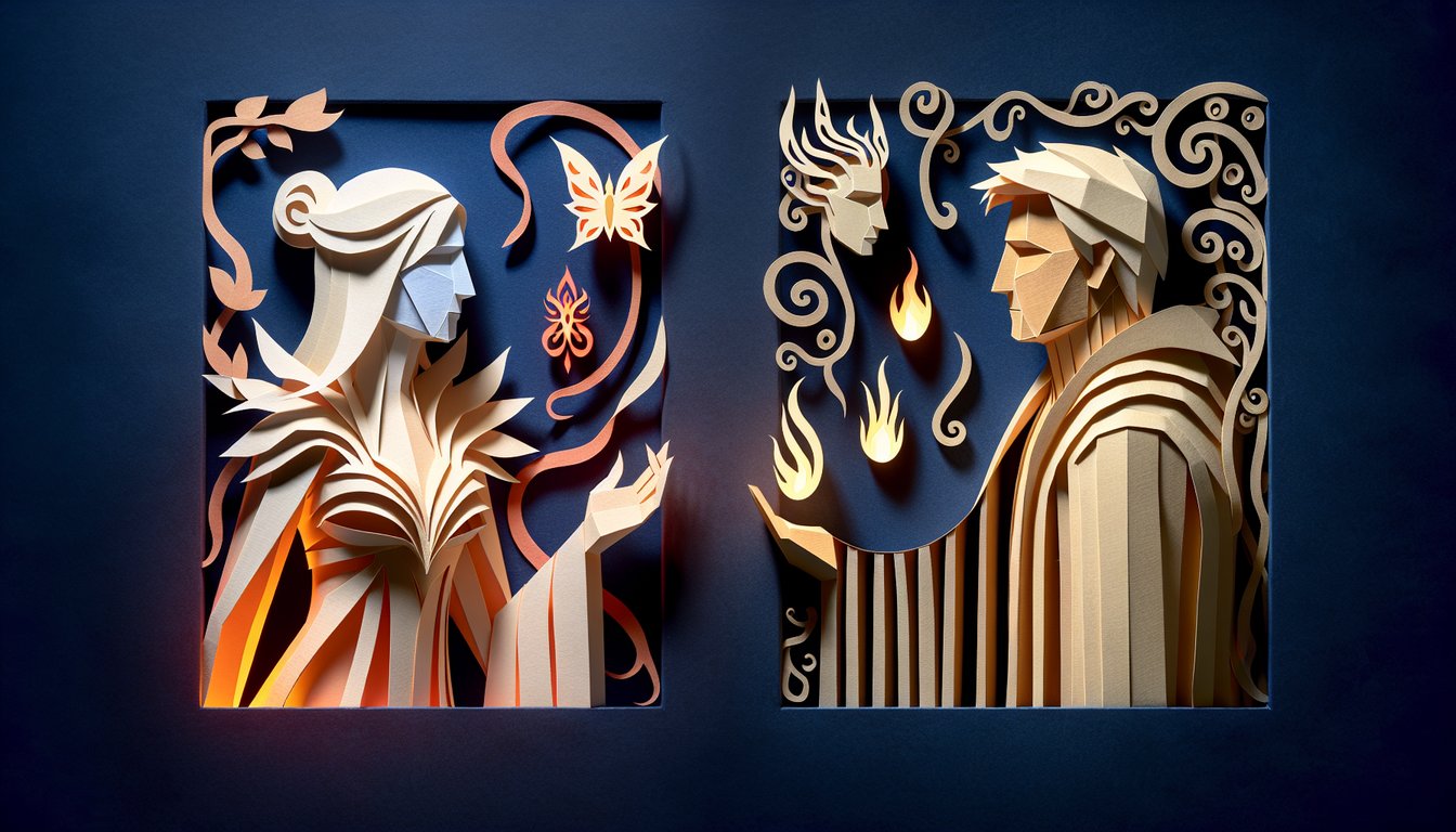 Paper art illustration of Edward and Jacob layered paper-cut silhouettes on dark blue background for Twilight quiz