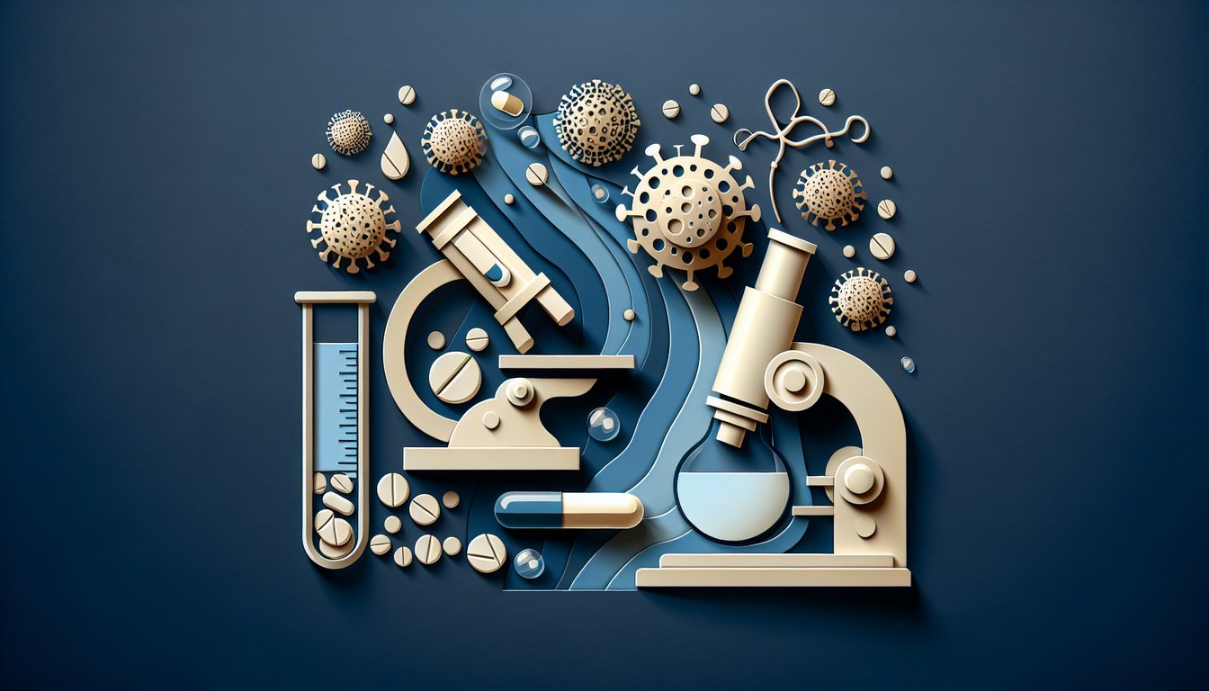 Paper art illustration of capsules and virus shapes on dark blue background for antiviral drugs quiz