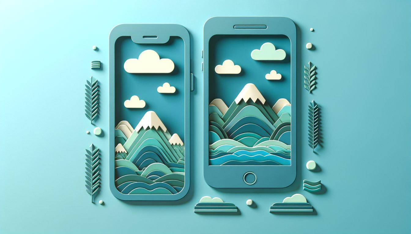 Paper art collage with abstract shapes and phone icons on teal background inviting to take a vibe matching wallpaper quiz
