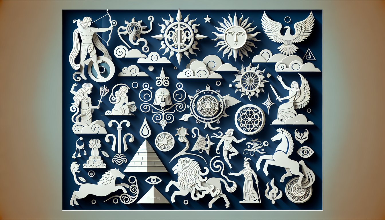 Paper art illustration with layered divine silhouettes swirling on dark blue background, inviting Smite god randomizer quiz.