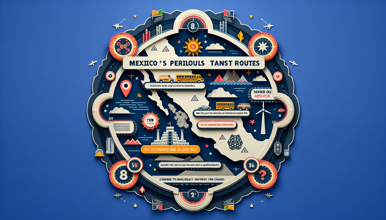 Paper art depicting a trivia quiz about Mexicos perilous transit routes for high school students.