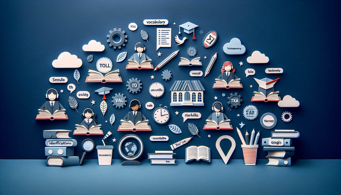 Colorful paper art promoting Vocab Workshop Unlocked, an interactive middle school quiz.