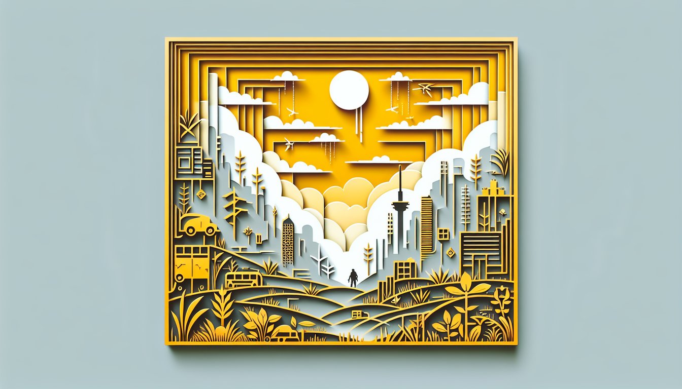 Paper art scene with Joel and Ellie silhouettes amid fungal growth and ruined city on golden yellow background
