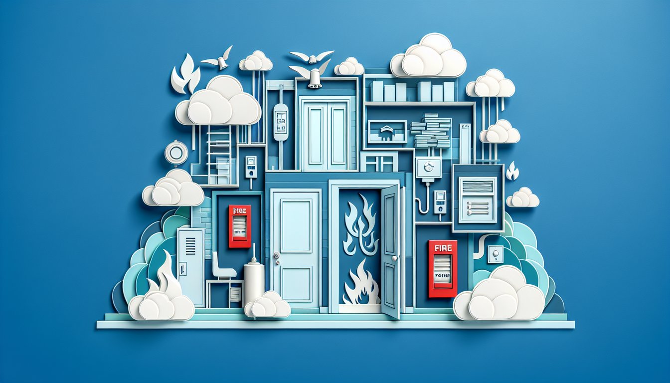 paper art scene depicting fire door lock, foam canister, smoke detector and fire safety quiz text on sky blue background