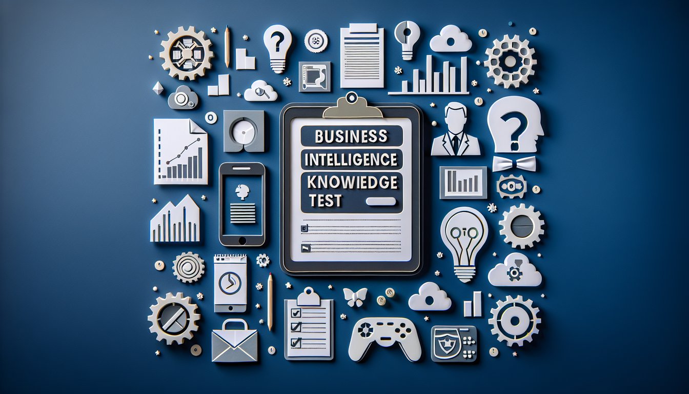 Colorful paper art displaying various business intelligence symbols for a knowledge test quiz