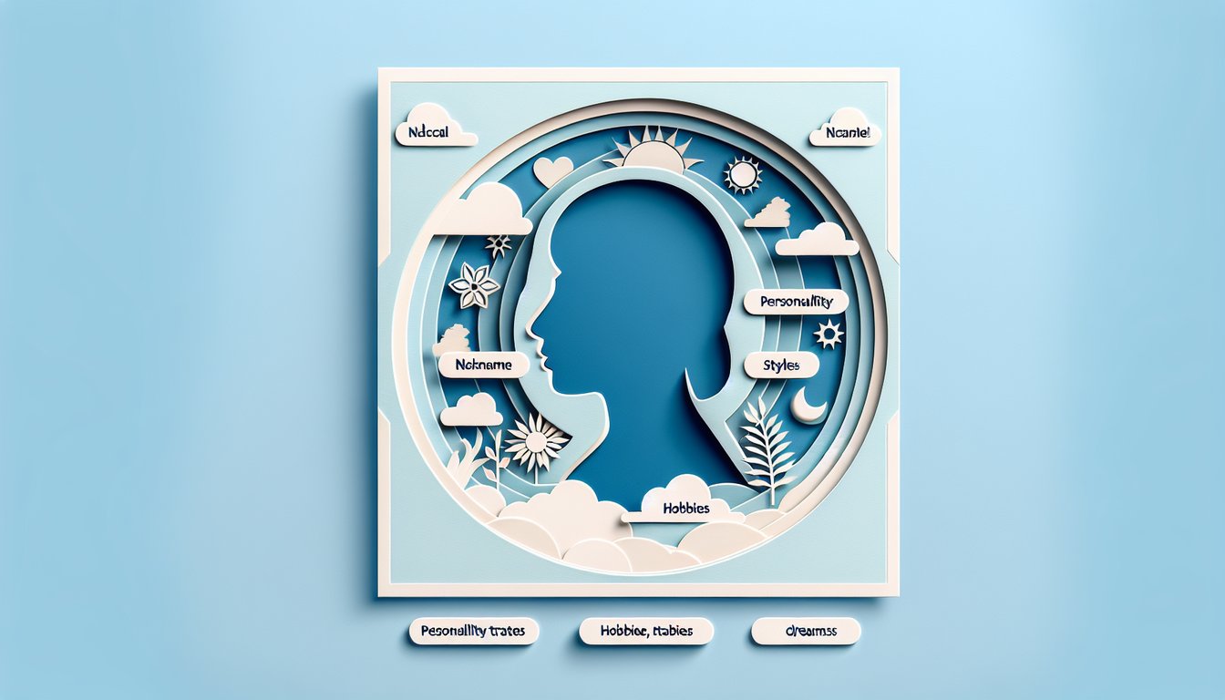 Paper art girl with style hobby and dream icons for nickname quiz on sky blue background