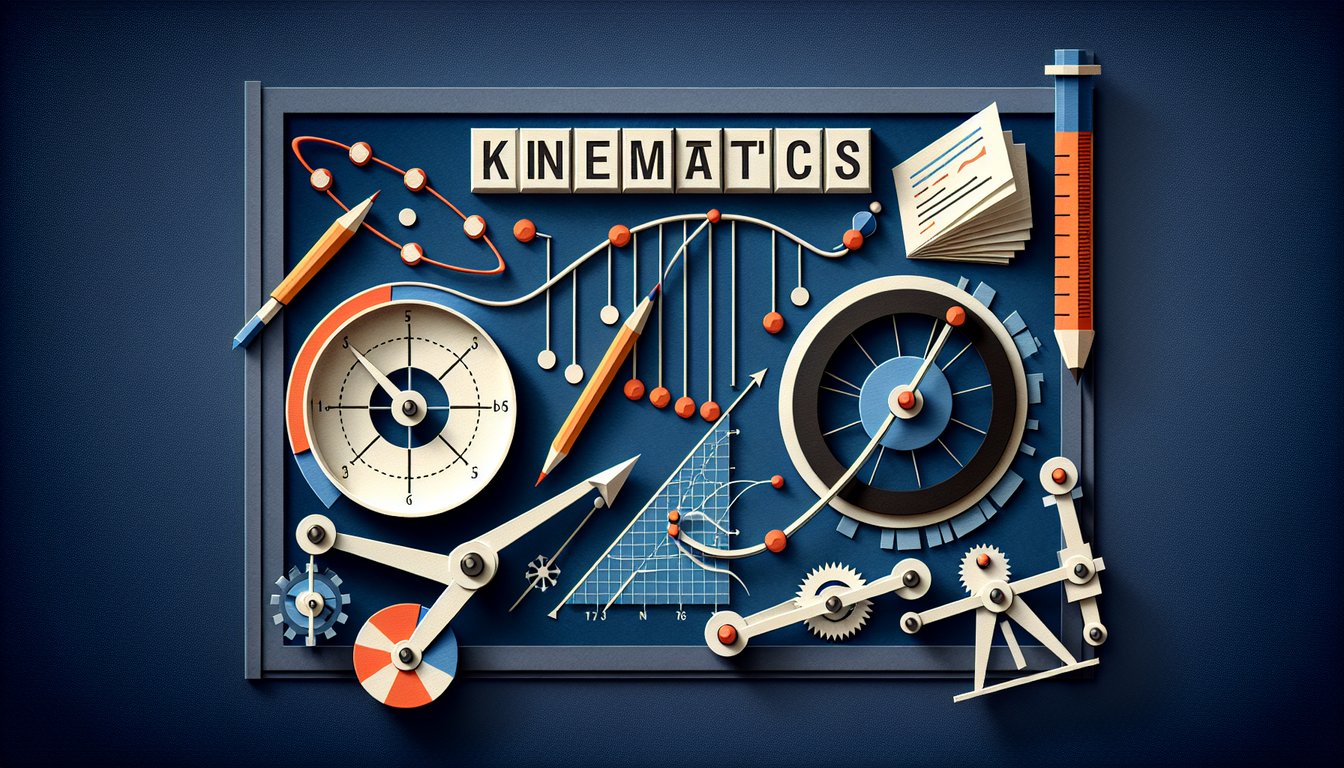 Colorful paper art illustrating a physics kinematics quiz.