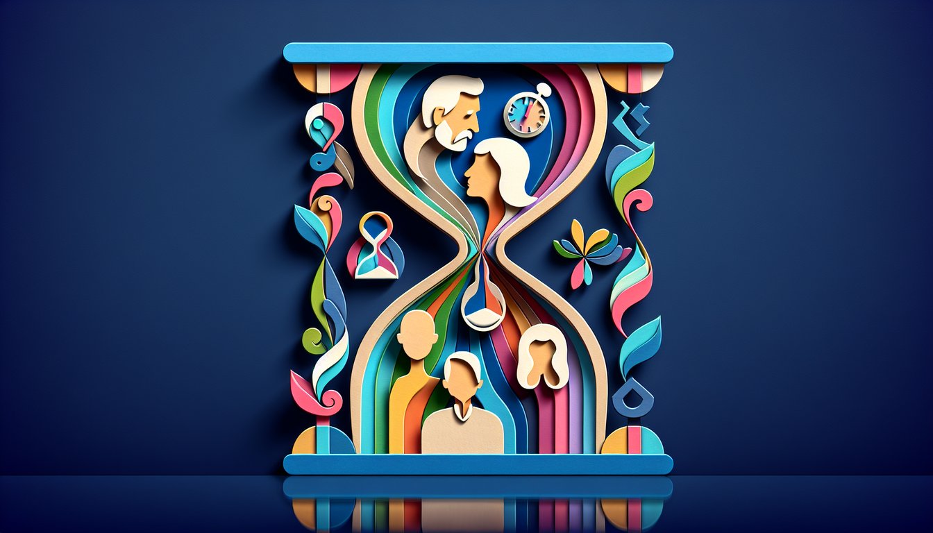 paper art style split face showing young and older versions with quiz prompt on dark blue background