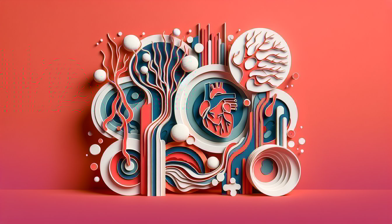 Paper art heart lung and blood vessel shapes with medical prefixes angio epi dys text on coral background
