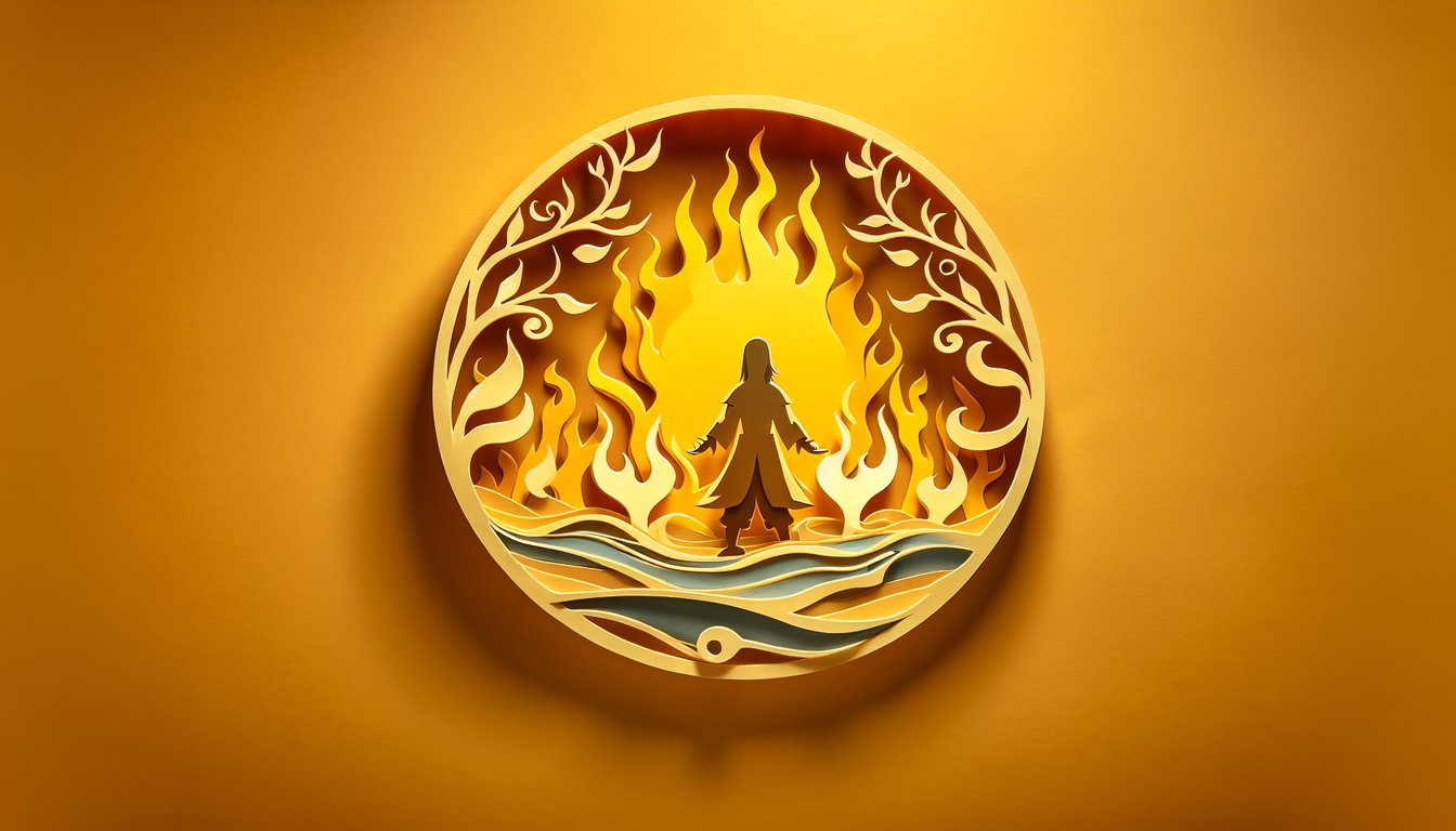 Paper art flame icon on golden yellow background next to quiz text about discovering Fire Bender personality traits