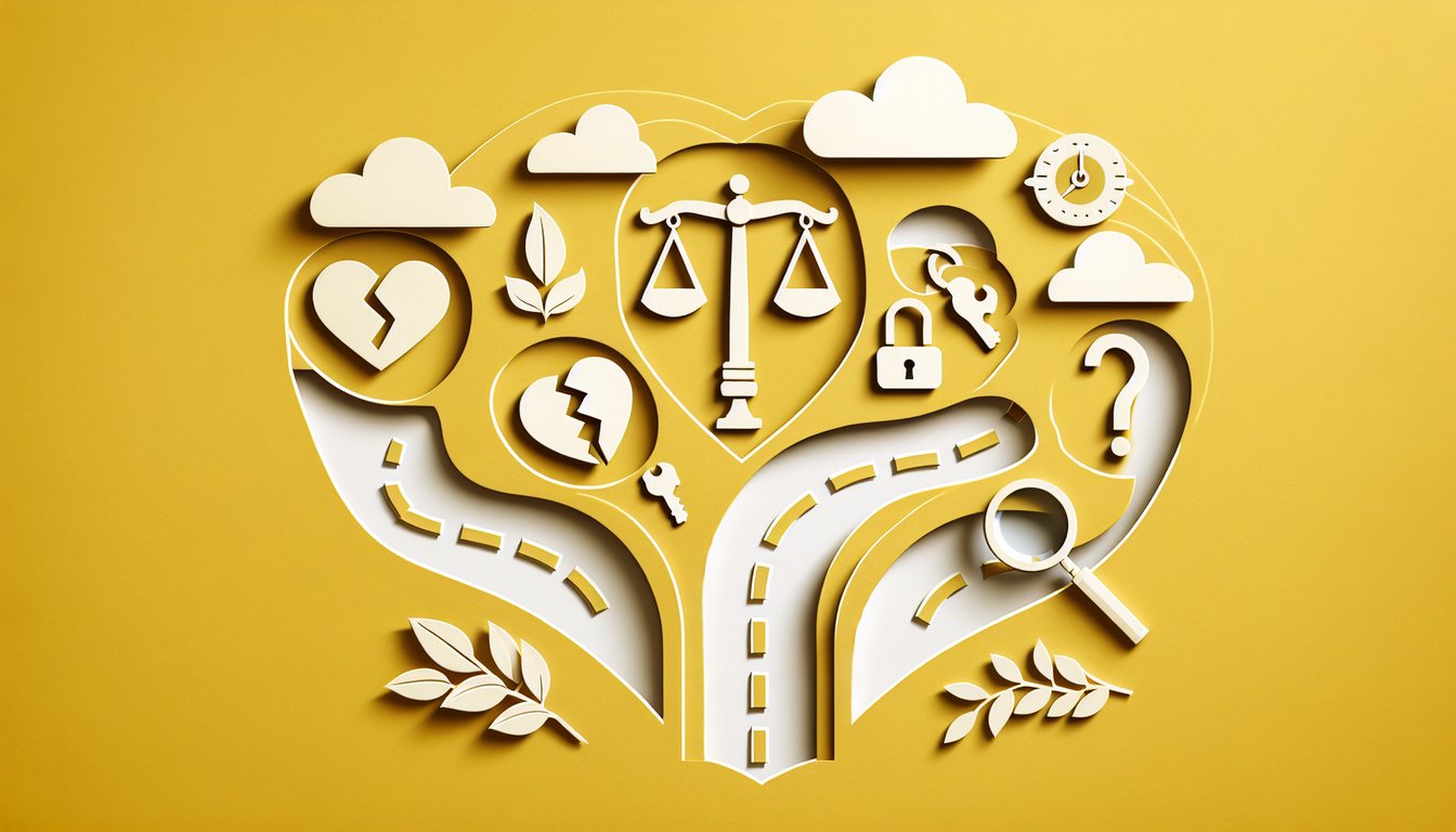 Paper art illustration for quiz about deciding to separate from husband on golden yellow background