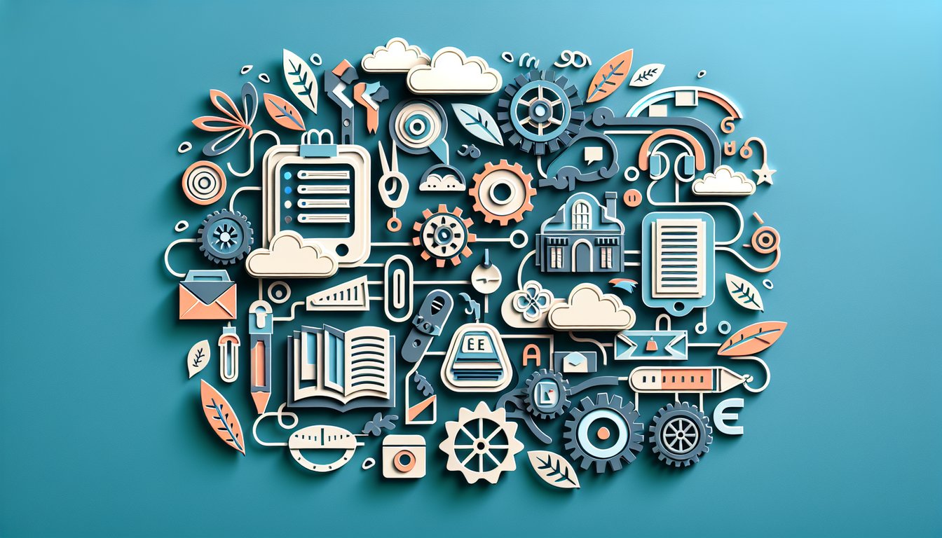 Paper art style illustration of French quiz elements including grammar vocabulary and comprehension icons on teal background