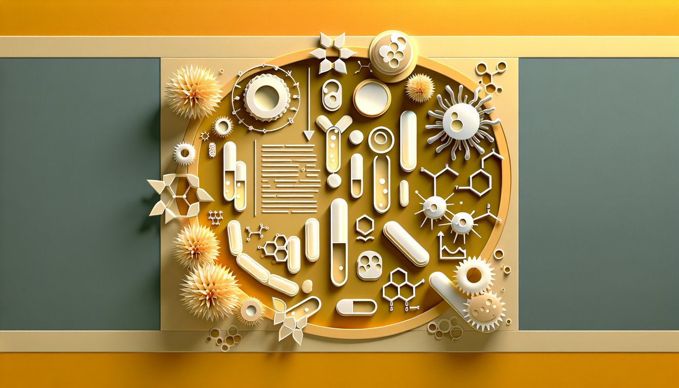 Paper art microbes and growth curve icons on golden yellow background for facultative anaerobes and growth phases quiz