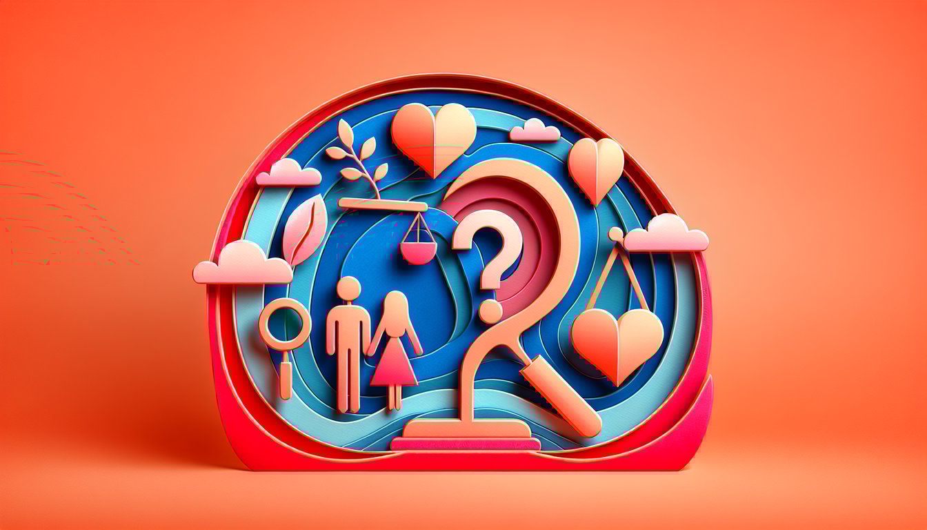Paper art illustration showing a heart and question marks on a coral background for a relationship priority quiz.