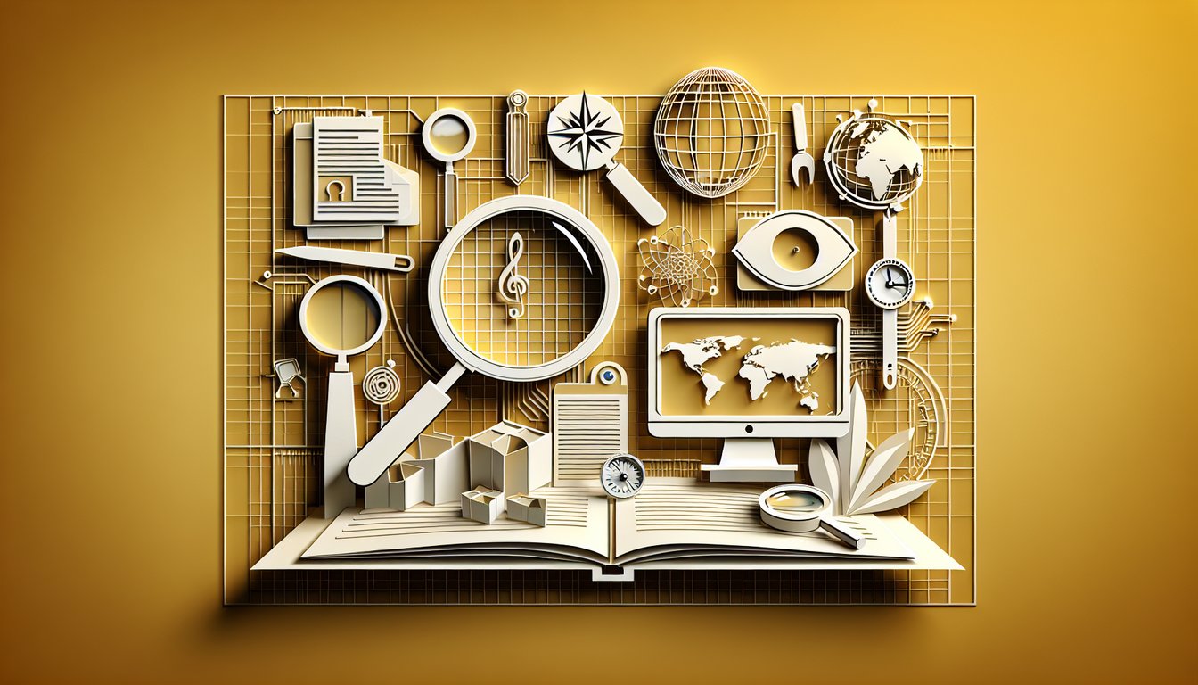 Paper art showing magnifying glass laptop documents icons representing OSINT tools on golden yellow background