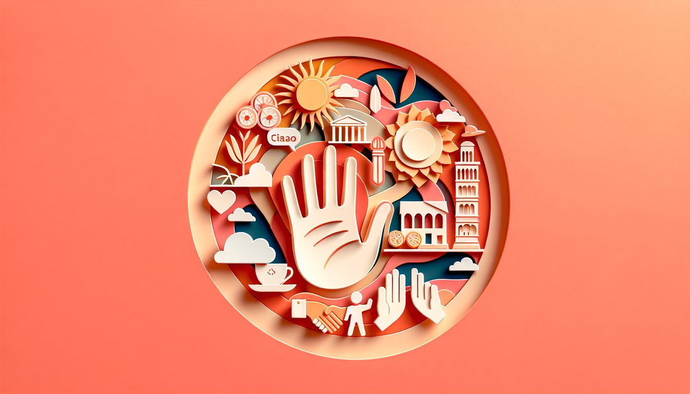 paper art style speech bubbles with ciao and arrivederci over coral background for italian greetings quiz