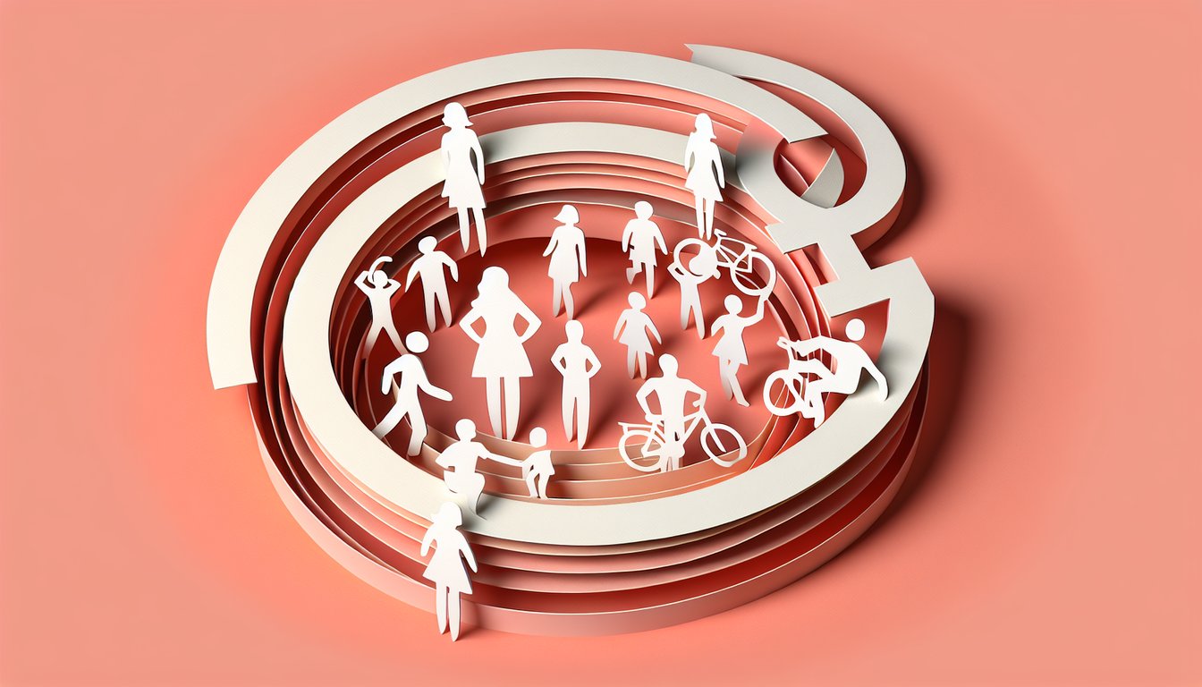 Paper art illustration for Guess My Gender Quiz with playful questions on a coral background.
