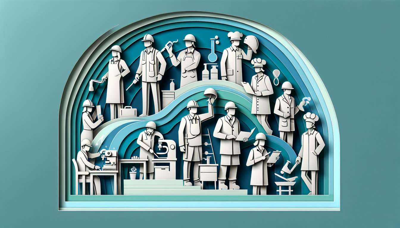 Paper art illustration with hard hat first aid kit fire extinguisher quiz icons on teal background